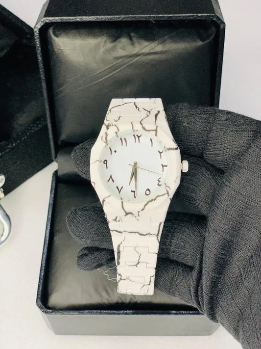 White Marble Arabic Aura Watch